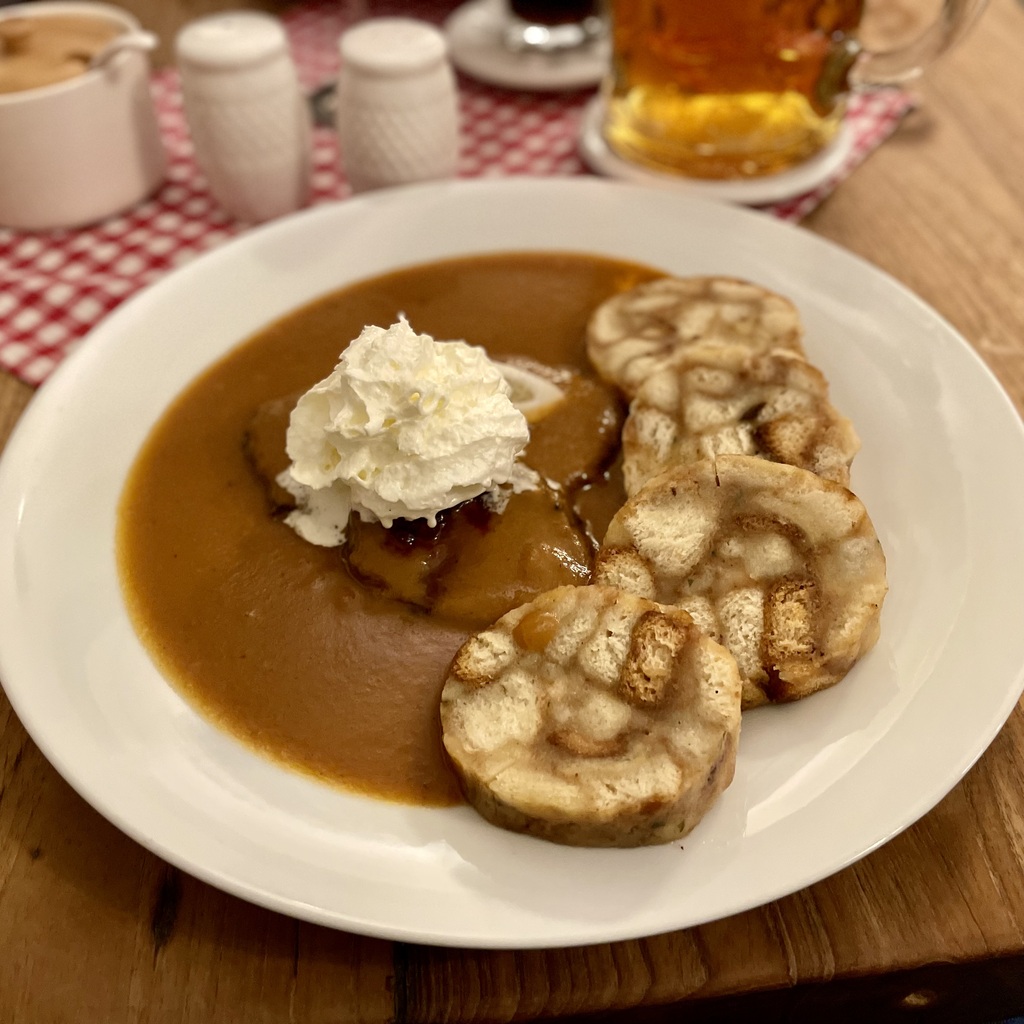 Baked beef in cream sauce. The meat and sauce were good. The bread hit my stomach like a pile of lead.