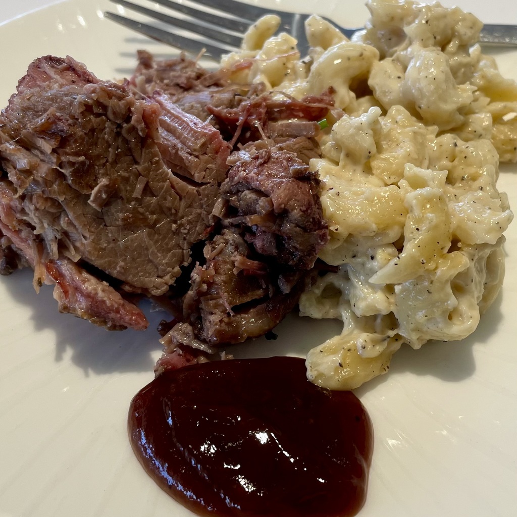 Pulled brisket with mac and cheese.