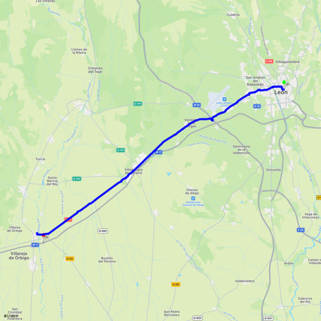 León to Hospital de Órbigo, 21.8 miles.