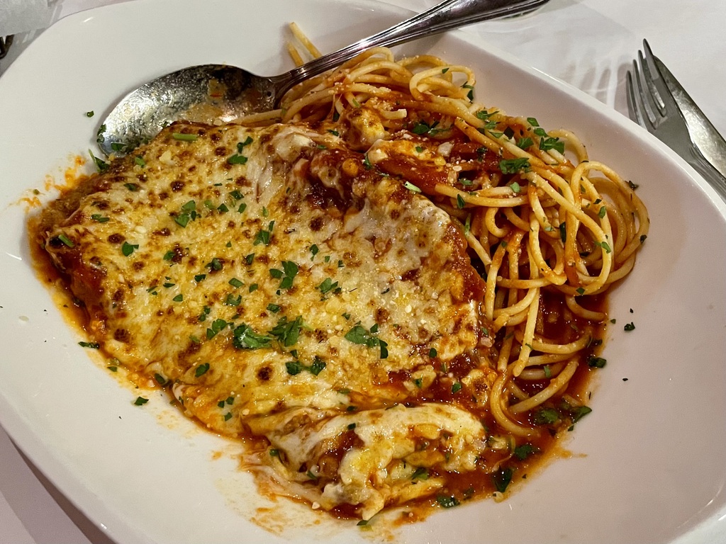 Veal parmigiana at Nora’s Cuisine. The restaurant declined to let me pay for this dish. That’s a story for another day. I assure you, dear reader, it wasn’t because this blog is so influential.